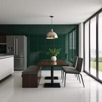 Modern kitchendining room interior design featuring a dark green wall 3D rendering photo
