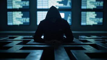 Hooded hacker silhouette amidst glowing binary codes and screens displaying number sequences photo