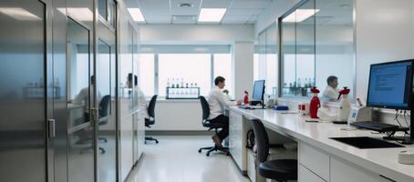 Modern science lab filled with cabinets desks tech gear tools for analysis photo
