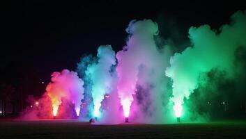 Vivid light show featuring colored smoke against a dark backdrop at night photo