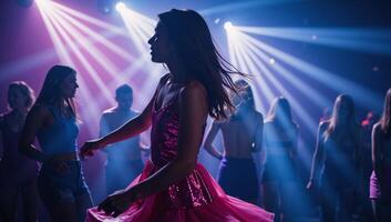 A girl dances at a lively club during a rave photo