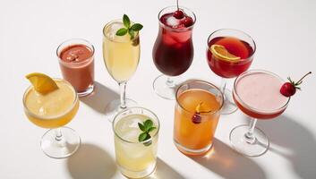 A summery assortment of colorful cocktails on a white backdrop with hard lighting shadow patterns in a topdown perspective photo