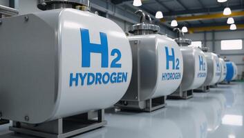 Modern industrial scene showcasing hydrogen storage and renewable power generation for clean alternative energy depicted in a 3D rendering format featuring the H2 Hydrogen logo photo