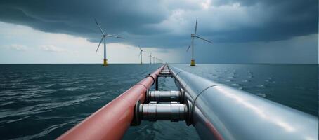 Wind farm and hydrogen pipeline offshore showcase advanced renewable energy infrastructure under overcast skies photo