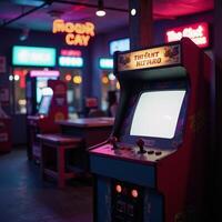 Vibrant photo captures retro arcade machine amidst glowing neon lights within a dark arcade
