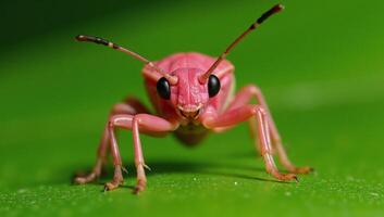 Pink Bug Poses on Green Leaf Gazing Directly into Camera photo