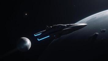 Rabbit spaceship navigates through dark cosmos toward the moon photo