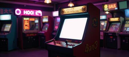 Vibrant photo captures retro arcade machine amidst glowing neon lights within a dark arcade
