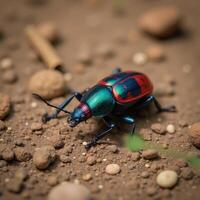 A colored bug resides upon the earth blue red photo