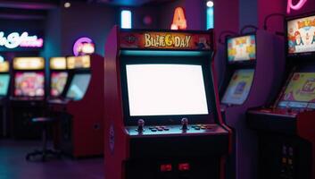 Vibrant photo captures retro arcade machine amidst glowing neon lights within a dark arcade