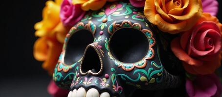 Ornate sugar skull adorned with butterflies and roses representing Day of the Dead festivities photo