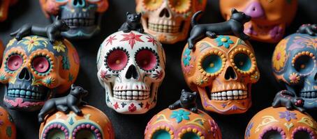 Stylized Mexicanthemed pattern featuring Calavera sugar skulls and playful black cats dogs to celebrate Day of the Dead Dia de los Muertos photo