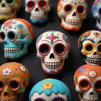 Stylized Mexicanthemed pattern featuring Calavera sugar skulls and playful black cats dogs to celebrate Day of the Dead Dia de los Muertos photo