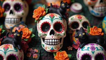 Stylized Mexicanthemed pattern featuring Calavera sugar skulls and playful black cats dogs to celebrate Day of the Dead Dia de los Muertos photo