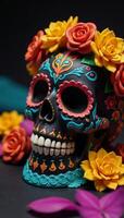 Ornate sugar skull adorned with butterflies and roses representing Day of the Dead festivities photo