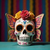 Ornate sugar skull adorned with butterflies and roses representing Day of the Dead festivities photo