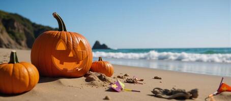 Vibrant Halloween scene JackOLantern on beach ideal for promotions events copy space photo
