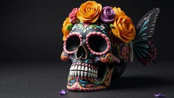 Ornate sugar skull adorned with butterflies and roses representing Day of the Dead festivities photo