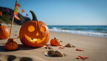 Vibrant Halloween scene JackOLantern on beach ideal for promotions events copy space photo