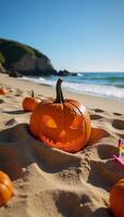 Vibrant Halloween scene JackOLantern on beach ideal for promotions events copy space photo