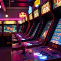 A vibrant nostalgic retro arcade filled with classic games under neon lights photo