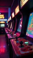 A vibrant nostalgic retro arcade filled with classic games under neon lights photo