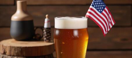 Closeup shot of an American Flag in beer glass on rustic backdrop photo