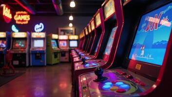 A vibrant nostalgic retro arcade filled with classic games under neon lights photo