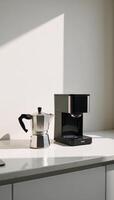 Sleek moka pot modern coffee maker displayed on minimalist kitchens marble countertop in soft morning light photo