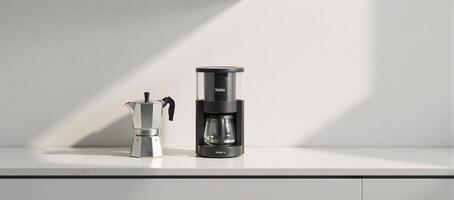 Sleek moka pot modern coffee maker displayed on minimalist kitchens marble countertop in soft morning light photo