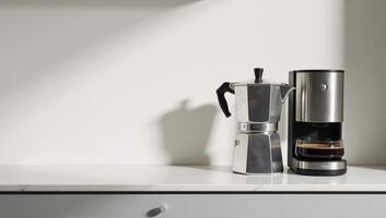 Sleek moka pot modern coffee maker displayed on minimalist kitchens marble countertop in soft morning light photo