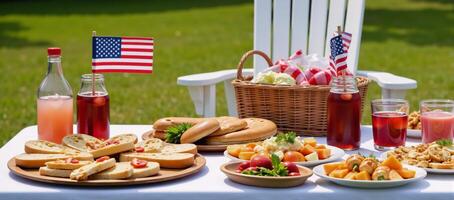 Festive picnic featuring American flagthemed decorations food and beverages photo