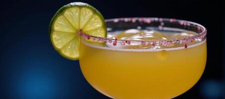 Neonlit Margarita with Lime Garnish Against Dark Background Bright Tropical photo