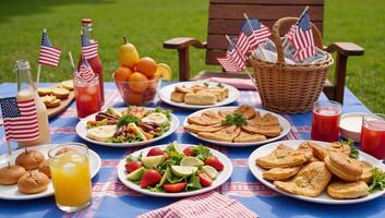 Festive picnic featuring American flagthemed decorations food and beverages photo