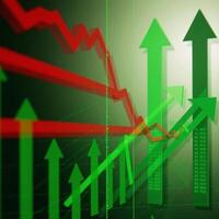 Abstract backdrop showcases a failing stock exchange with red and green toned charts indicating losses photo