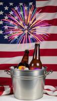 Icecold beers with patriotic flair two bottles surrounded by an American Flag and firework rockets photo