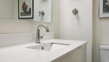 Modern and sleek bathroom design is depicted photo