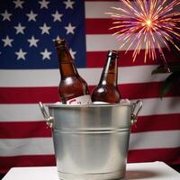 Icecold beers with patriotic flair two bottles surrounded by an American Flag and firework rockets photo