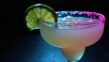 Neonlit Margarita with Lime Garnish Against Dark Background Bright Tropical photo