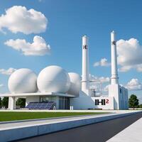 A futuristic hydrogen power station is depicted featuring a factory with the H2 logo and spherical tanks surrounded by solar panels in an exterior view all presented as a 3D image of a modern facility photo
