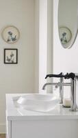 Modern and sleek bathroom design is depicted photo