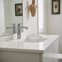 Modern and sleek bathroom design is depicted photo