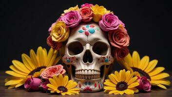 Colorful Skull adorned with assorted flowers Roses Daisies Sunflowers in a cheerful lively setting photo