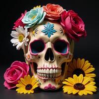 Colorful Skull adorned with assorted flowers Roses Daisies Sunflowers in a cheerful lively setting photo