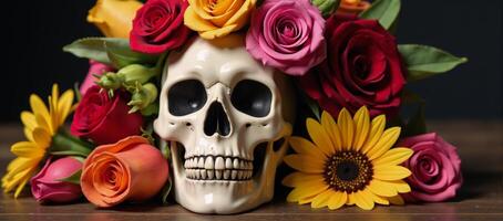 Colorful Skull adorned with assorted flowers Roses Daisies Sunflowers in a cheerful lively setting photo