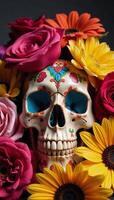 Colorful Skull adorned with assorted flowers Roses Daisies Sunflowers in a cheerful lively setting photo