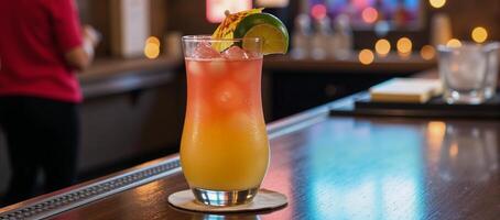 Tropical cocktail in a glass against a backdrop of colorful lights and cocktails at a bustling bar photo