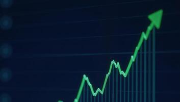 A dynamic stock market graph shows financial growth and investment success depicted as a green upward line against a dark blue background photo