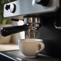 Fresh espresso being poured from an appliance by a coffee maker photo