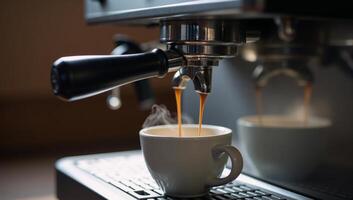 Fresh espresso being poured from an appliance by a coffee maker photo